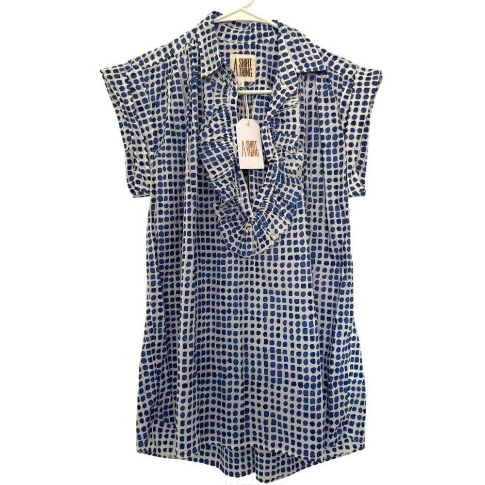 A SHIRT THING Size Small Logan Cabo Tunic Top White Blue Ruffle Cotton NEW $349